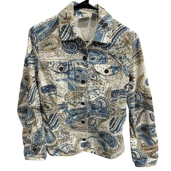 Chicos Paisley Print Cotton Jacket Womens Size S Button Front Beige Blue - Picture 1 of 10